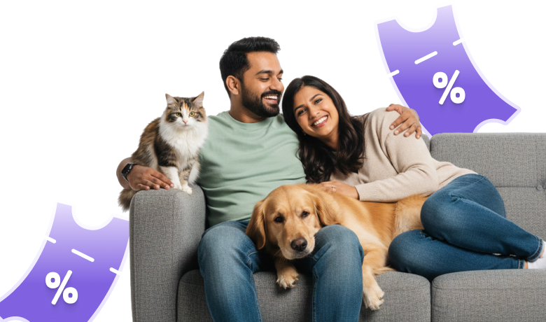 A happy couple with their dog and cat