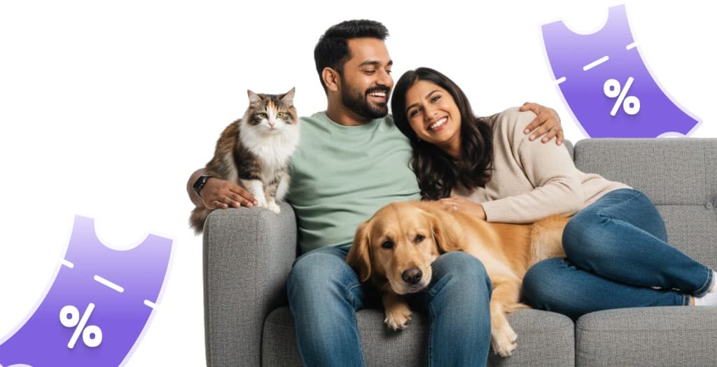 A happy couple with their dog and cat